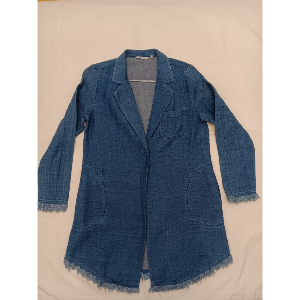 Soft Surroundings Denim Jean Jacket Blue Frayed Hem Long Sleeve Women's Size S